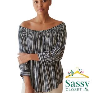 American Rag Navy White Stripe Off‑Shoulder Smocked 3/4 Sleeve Top Size S